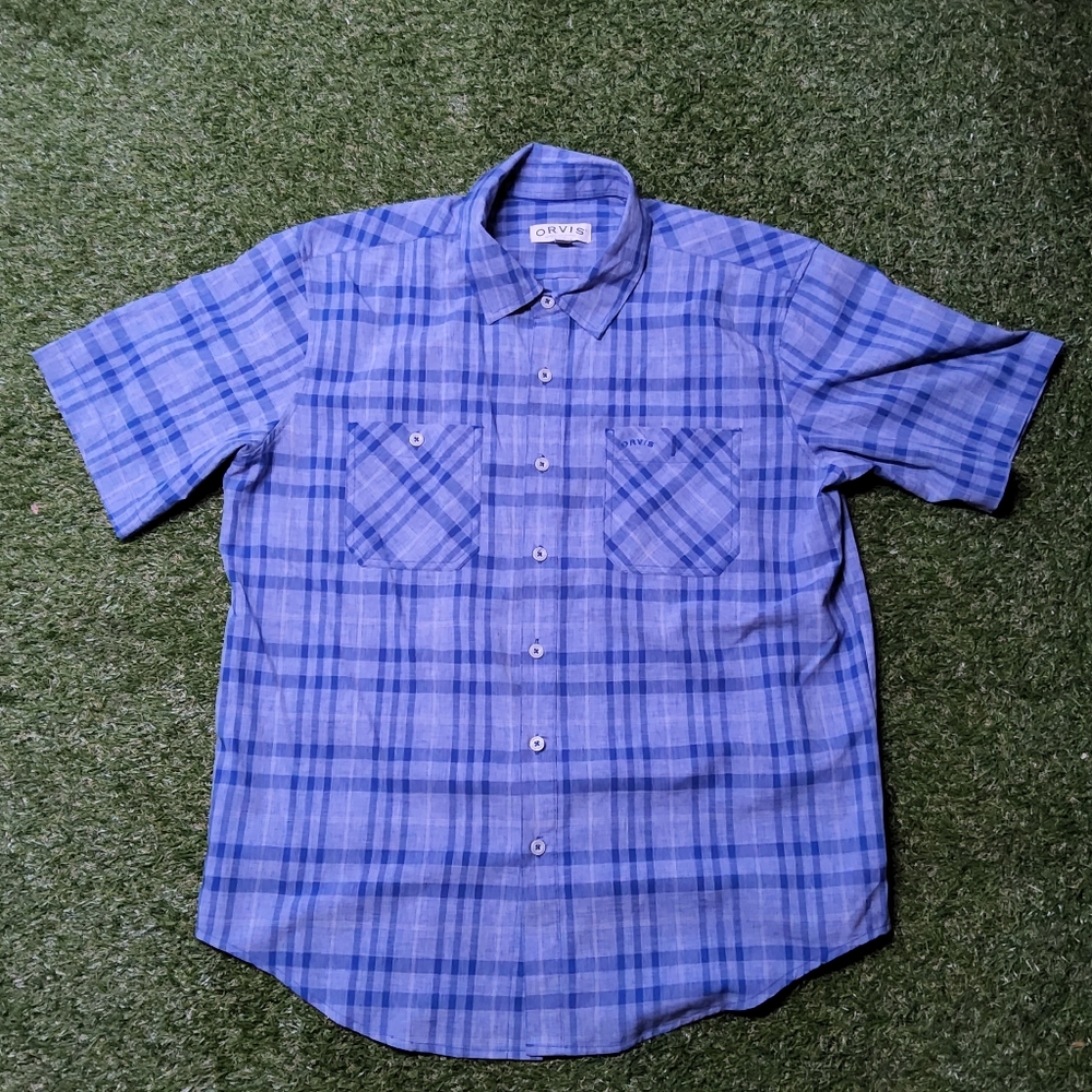 Orvis Men's Casual Blue Checkered Shirt Large 4845